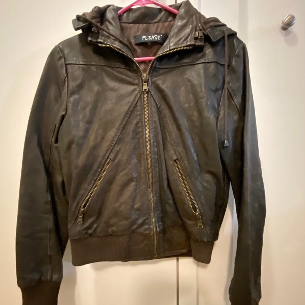 Please Brown Leather Bomber Jacket